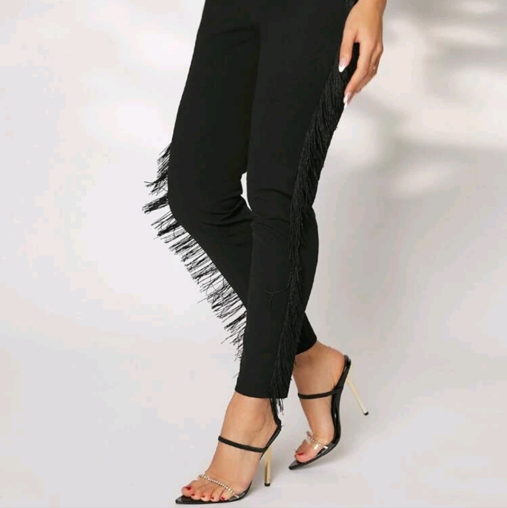 NEW BLACK FRINGE TRIM PANTS - Picture 7 of 8
